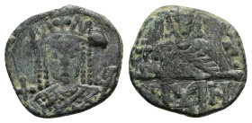 Constantine VI, Irene, AD 780-797. AE, Follis. 2.35 g. 18.10 mm. Constantinople.
Obv: Crowned bust of Irene wearing loros, holding cross on globe and ...