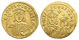 Theophilus, Constantine and Michael II, AD 829-842. AV, Solidus. 4.35 g. 20.53 mm. Constantinople.
Obv: ✱ΘЄOFILOS bASILЄ Λ. Crowned bust, holding patr...