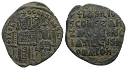 Basil I the Macedonian and Constantine VII, AD 867-886. AE, Follis. 5.24 g. 30.39 mm. Constantinople.
Obv: +bASILIO S COҺSTAҺ bASILIS. Basil I on left...