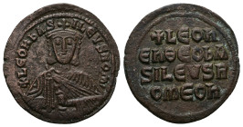Leo VI the Wise, AD 886-912. AE, Follis. 6.55 g. 28.56 mm. Constantinople.
Obv: [+ LЄ]OҺЬAS-ILЄVSROM. Frontal bust of Leo VI with short beard wearing ...