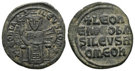 Leo VI the Wise, AD 886-912. AE, Follis. 7.61 g. 27.58 mm. Constantinople.
Obv: + LЄOҺЬAS-ILЄVSROM. Leo, crowned and wearing loros, seated facing on l...