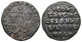 Constantine VII Porphyrogentius and Zoe, AD 913-959. AE, Follis. 6.37 g. 26.07 mm. Constantinople.
Obv: + COҺSTAҺT' CЄ ZOH Ь. Crowned facing busts of ...