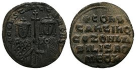 Constantine VII Porphyrogentius and Zoe, AD 913-959. AE, Follis. 7.88 g. 25.27 mm. Constantinople.
Obv: + COҺSTAҺT' CЄ ZOH Ь. Crowned facing busts of ...
