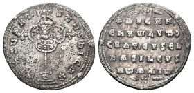 Nicephorus II Phocas, AD 963-969. AR Miliaresion. 2.79 g. 23.72 mm. Constantinople.
Obv: + IҺSЧSXRI-STЧSҺICA. Cross crosslet on globe above two steps,...