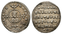John I Tzimisces 969-976 AD. AR, Miliaresion. 2.41 g. 20.57 mm. Constantinople.
Obv: + IhSUS XRIStUS nICA*. Cross crosslet on globus above two steps, ...