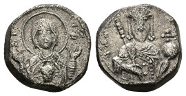 Alexius I Comnenus, AD 1081-1118. Pre-Reform AR, Tetarteron. 3.76 g. 15.91 mm. Thessalonica.
Obv: MHP - ΘV. Frontal bust of Virgin, nimbate, wearing ...