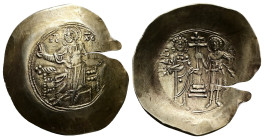 John II, AD 1118-1143. El, Aspron Trachy. 4.17 g. 33.26 mm. Constantinople.
Obv: IC-XC to left and right of Christ seated facing on backless throne, r...