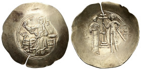 John II Comnenus, AD 1118-1143. El, Aspron Trachy. 4.41 g. 32.24 mm. Constantinople.
Obv: IC-XC to left and right of Christ seated facing on backless ...