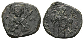 Alexius III Angelus Comnenus, AD 1197-1203. AE, Tetarteron. 3.50 g. 19.60 mm. Thessalonica.
Obv: Θ ΓE Π-over-ω. Nimbate bust of St. George facing, hol...