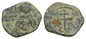 Latin rulers of Thessalonica. 1204-1224 AD. AE, Half Tetarteron. 1.95 g. 18.88 mm. Thessalonica.
Obv: MP-Θ[V] to left and right of Virgin Mary nimbate...