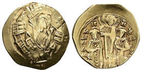 Andronicus II Palaeologus and Michael IX, AD 1282-1328. AV, Hyperpyron. 4.05 g. 23.10 mm. Constantinople.
Obv: Virgin orans within city walls connecti...