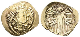 Andronicus II Palaeologus and Michael IX (?), AD 1282-1328. AV, Hyperpyron. 3.63 g. 25.88 mm. Constantinople.
Obv: Virgin orans within city walls conn...