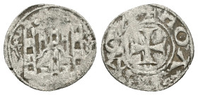 John V Palaeologus, Politikon Coinage. AD 1341-1391. Bl, Tornese. 0.65 g. 18.31 mm. Constantinople.
Obv: City walls with four towers; cross between tw...