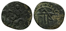 Manuel II Palaeologus, AD 1391-1425. AE, Tornese. 1.23 g. 17.73 mm. Constantinople.
Obv: Emperor holding sceptre and St. Demetrius, holding sword, eac...