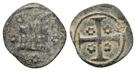 Crusaders, Lordship of Chios. Genoese Colonies. AD 1347-1385. AE, Ducat. 0.82 g. 17.09 mm.
Obv: Three-towered castle facade; five rosettes around.
Rev...