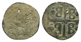 Crusaders, Mytilene (Lordship). Francesco I Gattilusio (?), AD 1355-1384. Bl, Denaro. 0.36 g. 13.93 mm.
Obv: Castle Tournois.
Rev: Palaeologan tetragr...