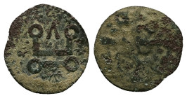 Crusaders, Mytilene (Lordship). Francesco I Gattilusio, AD 1355-1384. Bl, Denaro. 0.56 g. 16.29 mm.
Obv: Castle Tournois.
Rev: Palaeologan tetragramma...