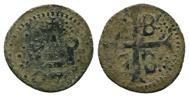 Crusaders, Mytilene (Lordship). Francesco I Gattilusio, AD 1355-1384. Bl, Denaro. 0.75 g. 16.29 mm.
Obv: Castle Tournois.
Rev: Palaeologan tetragramma...