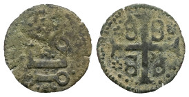 Crusaders, Mytilene (Lordship). Francesco I Gattilusio, AD 1355-1384. Bl, Denaro. 0.75 g. 17.17 mm.
Obv: Castle Tournois.
Rev: Palaeologan tetragramma...