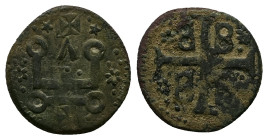 Crusaders, Mytilene (Lordship). Francesco I Gattilusio, AD 1355-1384. Bl, Denaro. 1.22 g. 16.72 mm.
Obv: Castle Tournois.
Rev: Palaeologan tetragramma...