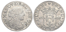 France. Principality of Dombes. Anne Marie Louise, AD 1663-1668. AR, 5 Sols. 1.82 g. 20.67 mm.
Obv: AN MA LOV DE BOVRBON. (Anne-Marie-Louise de Bourbo...