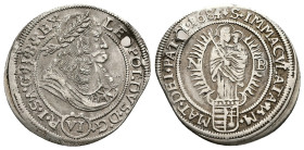 Hungary. Leopold I, AD 1674-1696. AR, 6 Kreuzer. 3.34 g. 28.11 mm.
Obv: LEOPOLDVS D G (VI) R I S A G H B REX. Leopold I facing right. Legend around "L...