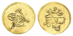 ISLAMIC, Ottoman Empire. 'Abd al-Hamid I. AH 1187-1203 / AD 1774-1789. AV. 0.92 g. 14.40 mm. Islambul (Constantinople). Dated AD 1187. 
Obv: Toughra a...