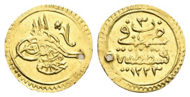 Islamic. Ottoman Empire. Mahmud II, AD 1808-1839 / 1223-1255 AH. AV. 0.80 g. 14.87 mm. Qustantiniya (Constantinople). Dated AD 1223.
Obv: Toughra at c...