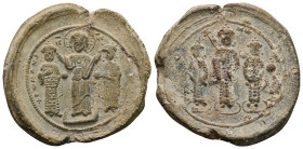PB Byzantine seal of Romanos IV, Eudokia, Michael VII, Constantine, and Andronikos (1068–1071)
Obv: Three figures: in center, Christ bearded wearing a...