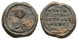 PB Byzantine seal of Basileios monachos (AD 11th–12th centuries).
Obv: Bust of St Panteleimon. Sigla preserved at right: ὁ ἅ(γιος) Πα[ν]τελ(εήμων). Bo...
