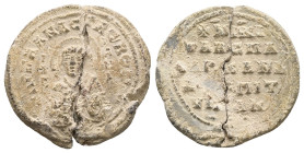 PB Byzantine seal of Niketas imperial spatharokandidatos and epi ton oikeiakon (c. AD 10th
century).
Obv: Bust of St. Anastasia, holding a martyr's ...