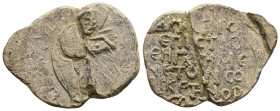 PB Byzantine seal of Orestes (AD 12th–13th centuries).
Obv: St. John the Theologian standing right, opening book; traces of inscription of five lines...