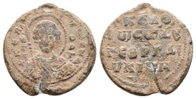 PB Byzantine seal of George dioiketes (AD 11th century)
Obv: Half-length portrait of St George holding a spear and shield. Inscription on either side...