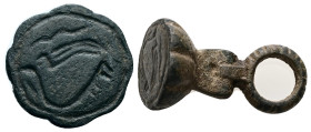 AE Byzantine stamp seal (AD 7th–9th centuries).
Byzantine bronze stamp seal with waterfowl.
Weight: 12.63 g.
Diameter: 31.35 mm.