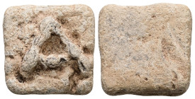 PB Roman imperial period. One uncia? weight. (c. AD 7th century).
Square in form. ‘A’ in relief on the top. Bottom is blank. ‘A’ may indicate the uni...