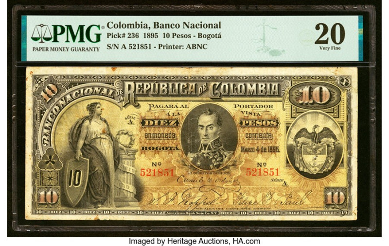 Colombia Banco Nacional de la Republica de Colombia 10 Pesos 4.3.1895 Pick 236 P...