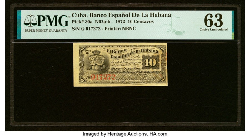 Cuba El Banco Espanol de la Habana 10 Centavos 1.7.1872 Pick 30a PMG Choice Unci...