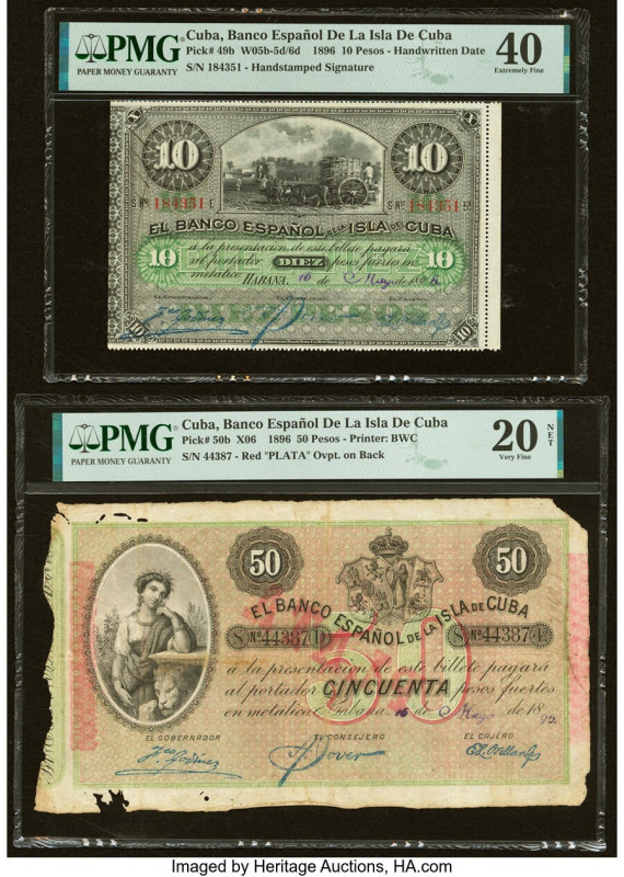 Cuba Banco Espanol De La Isla De Cuba 10; 50 Pesos 15.5.1896 Pick 49b; 50b Two E...