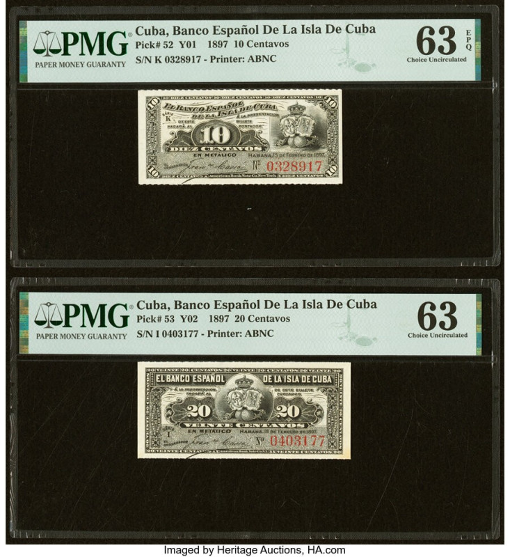 Cuba Banco Espanol De La Isla De Cuba 10; 20 Centavos 15.2.1897 Pick 52; 53 Two ...
