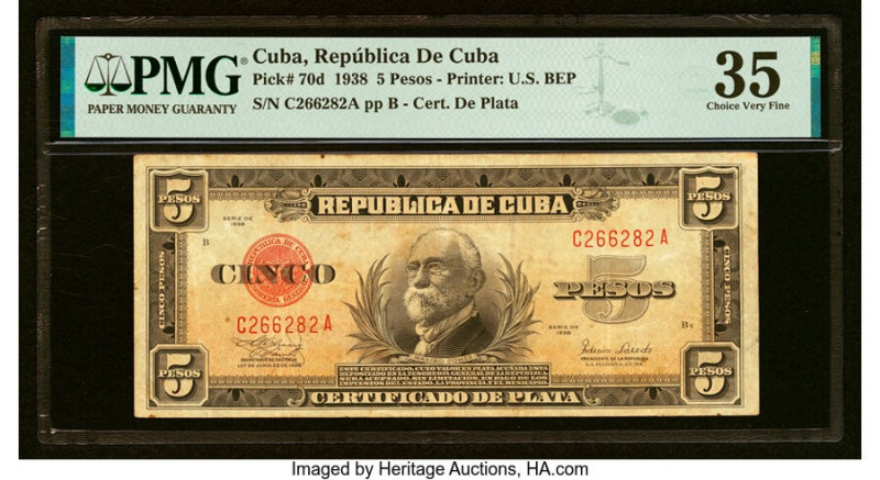 Cuba Republica de Cuba 5 Pesos 1938 Pick 70d PMG Choice Very Fine 35. HID0980124...