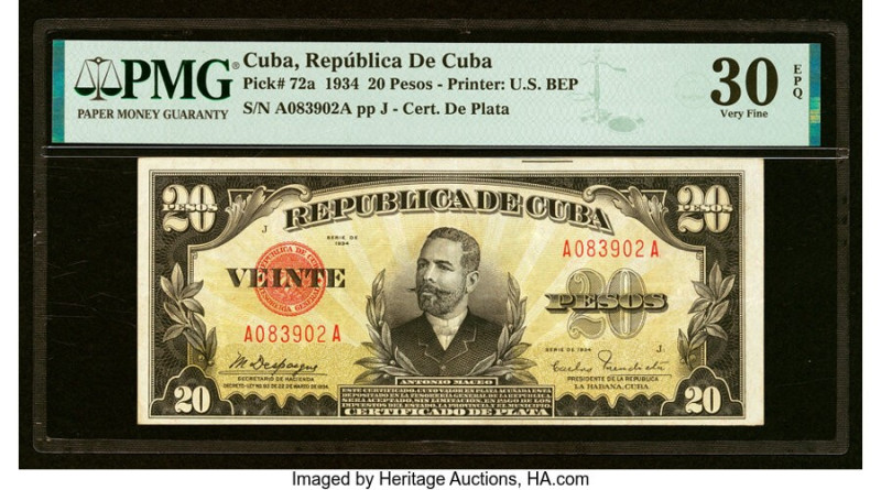 Cuba Republica de Cuba 20 Pesos 1934 Pick 72a PMG Very Fine 30 EPQ. HID098012420...