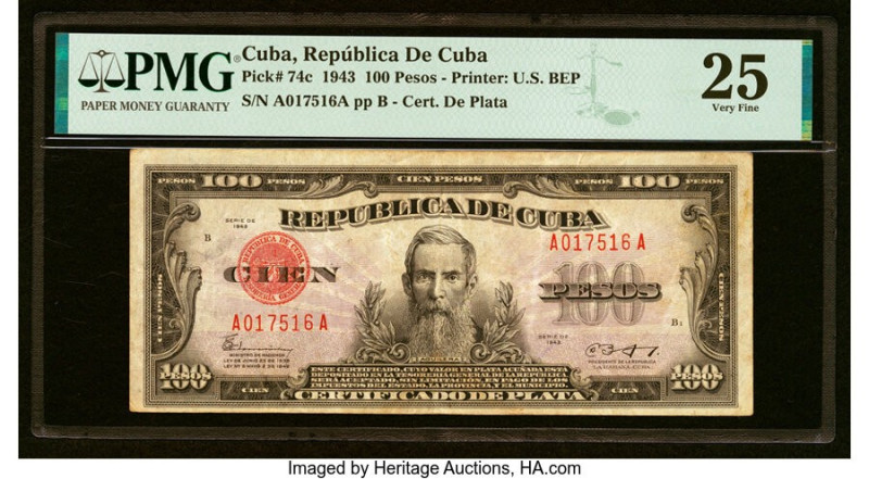 Cuba Republica de Cuba 100 Pesos 1943 Pick 74c PMG Very Fine 25. HID09801242017 ...