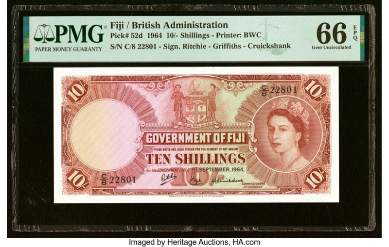 Fiji Government of Fiji 10 Shillings 1.9.1964 Pick 52d PMG Gem Uncirculated 66 E...