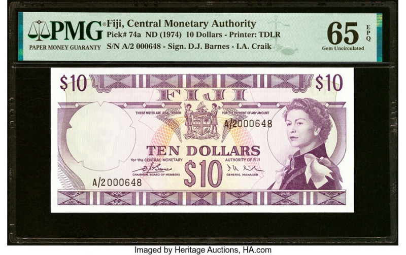Fiji Central Monetary Authority 10 Dollars ND (1974) Pick 74a PMG Gem Uncirculat...