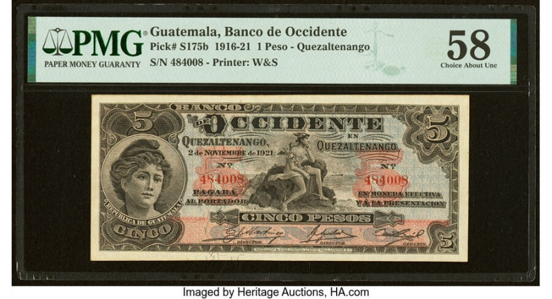 Guatemala Banco de Occidente en Quezaltenango 1 Peso 2.11.1921 Pick S175b PMG Ch...