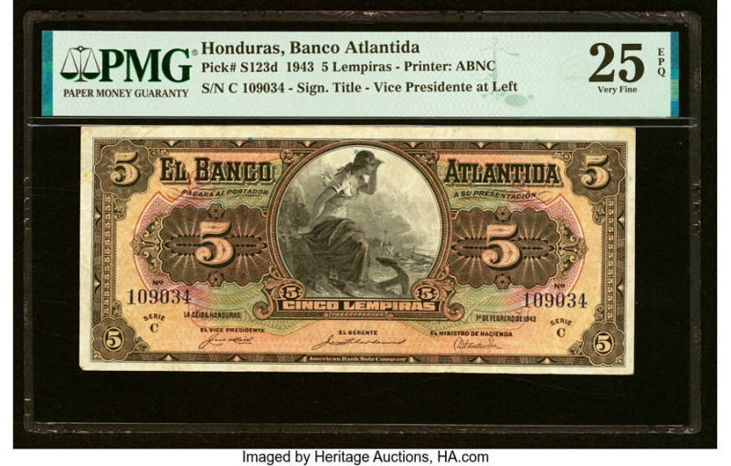 Honduras Banco Atlantida 5 Lempiras 1.2.1943 Pick S123d PMG Very Fine 25 EPQ. HI...