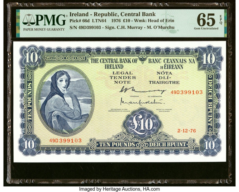 Ireland - Republic Central Bank of Ireland 10 Pounds 2.12.1976 Pick 66d PMG Gem ...