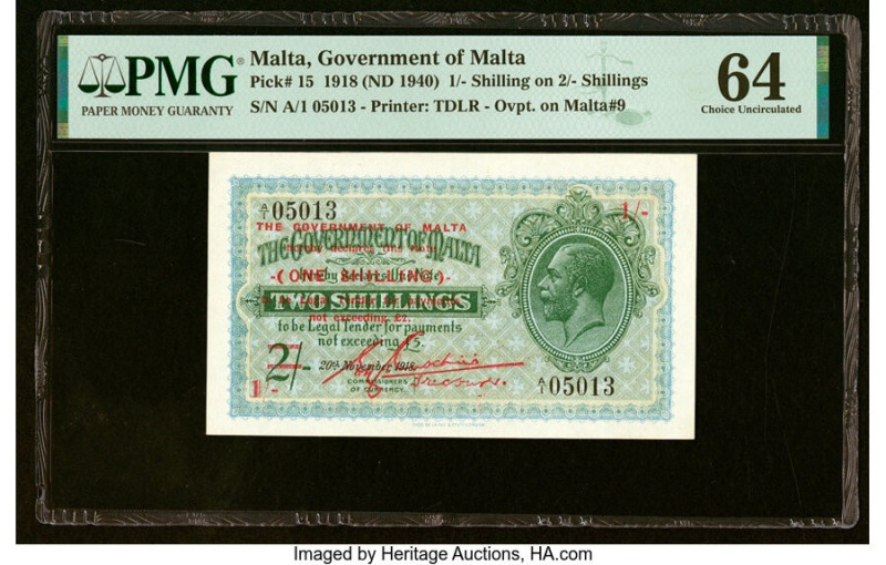 Malta Government of Malta 1 Shilling on 2 Shillings 20.11.1918 (ND 1940) Pick 15...
