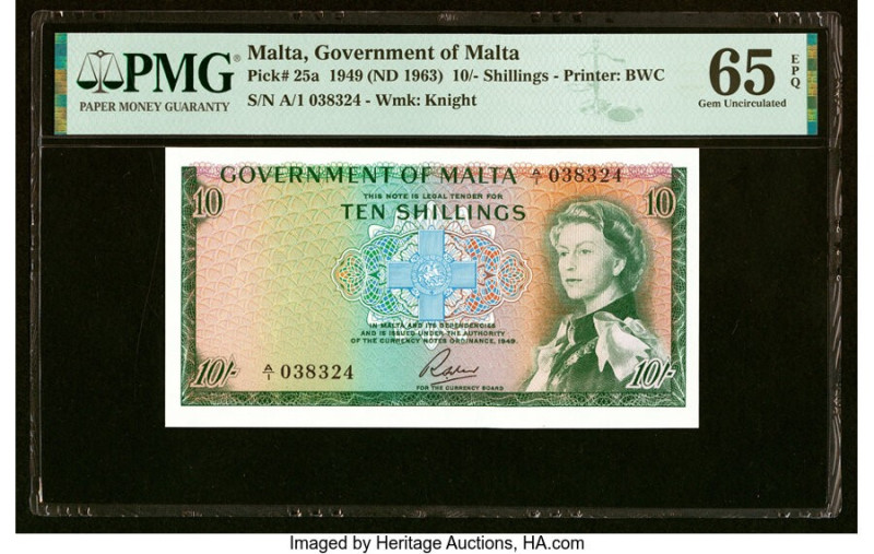 Malta Government of Malta 10 Shillings 1949 (ND 1963) Pick 25a PMG Gem Uncircula...