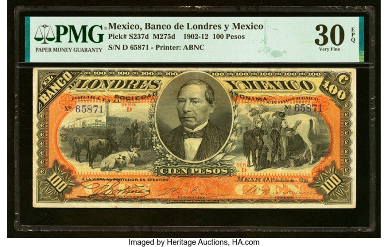 Mexico Banco de Londres y Mexico 100 Pesos 1.7.1910 Pick S237d PMG Very Fine 30 ...